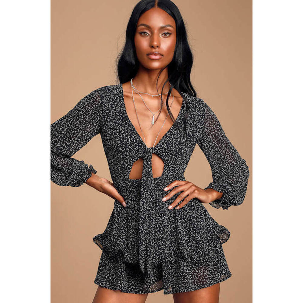 Lulus Cammy Black And White Print Tie-front Skort Romper - Size XS